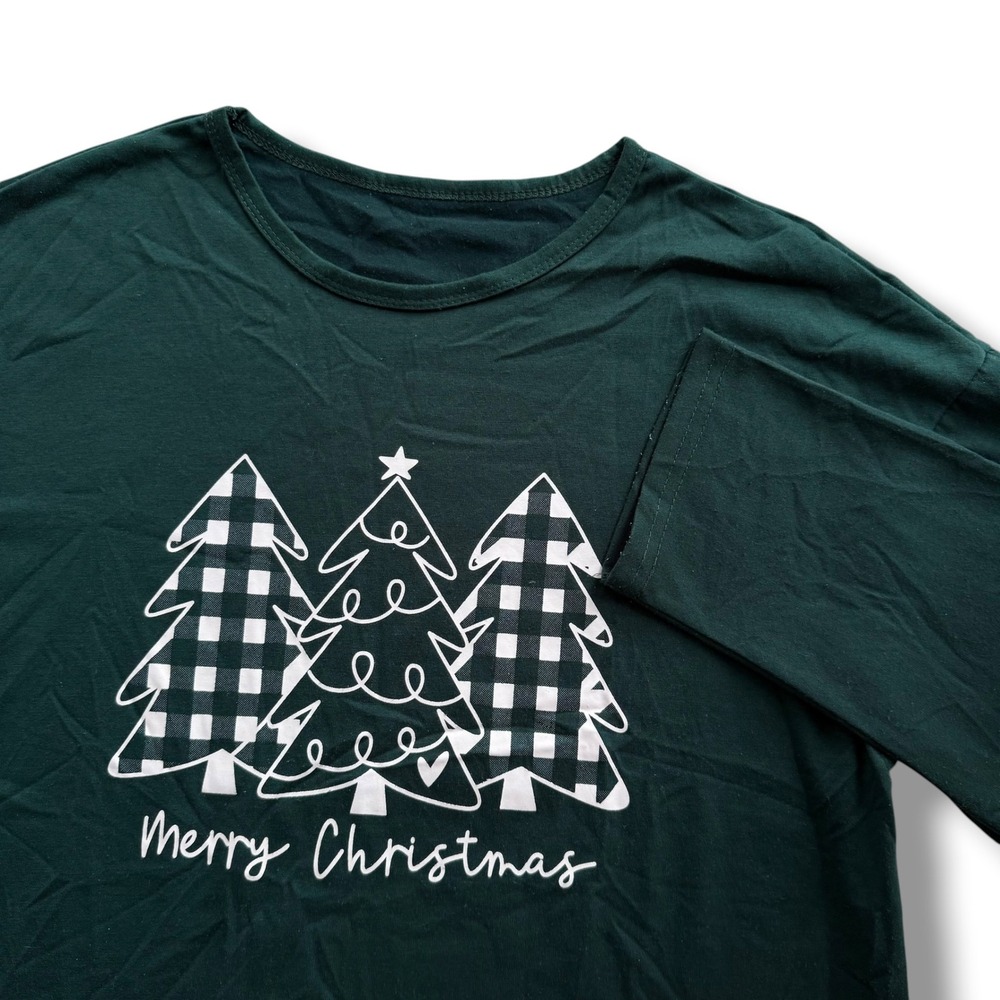 Womens M Forest Green Merry Christmas Tree Buffalo Plaid Long Sleeve Tee Holiday